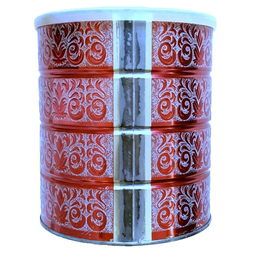 Vtg Folgers 1960s-70s Scandinavian Design Metal Coffee Can Rare Handle Lid 7.75